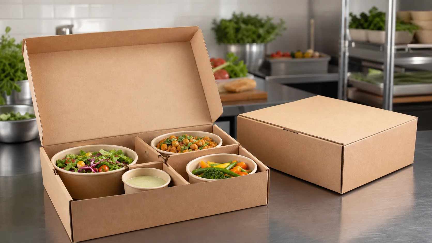 Cajas para envíos de comida vegana Packaging de cartón para enviar comida vegana preparada